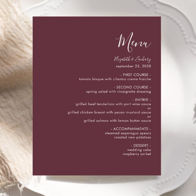 Budget Modern Script Burgundy Wedding Menu (Creator Uploaded)