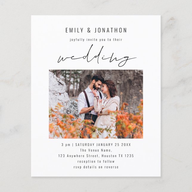 Budget Modern Script Photo QR Code Wedding Invite (Front)