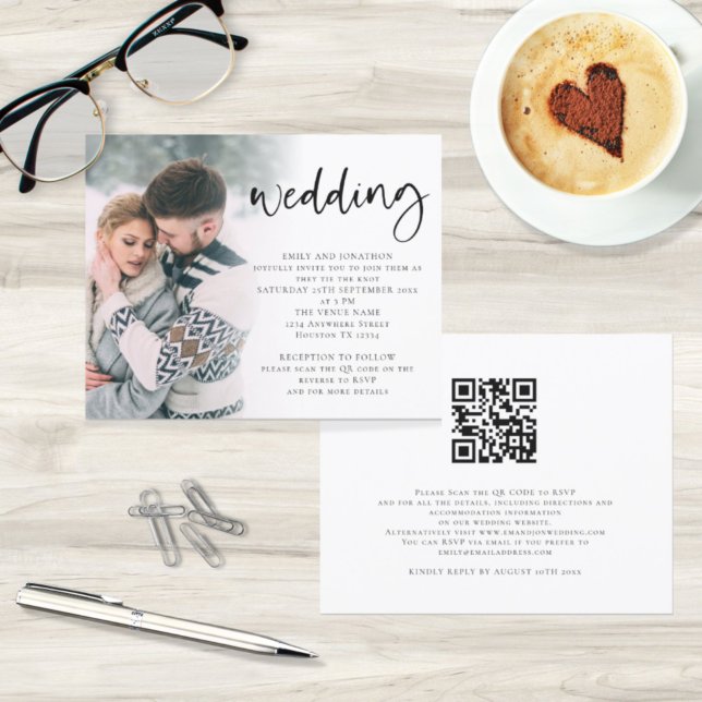 Budget Modern Script Photo QR Code Wedding Invite (Creator Uploaded)