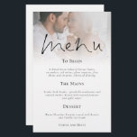 Budget Modern Script Photo Wedding Menu<br><div class="desc">Budget Modern Script Photo Wedding Menu. A LARGER size 5.5” x 8.5” at a budget price, An elegant design with your photo to the top edge behind a graduated tint layer with the text partially overlaid on top of yorur image at the bottom. The main header is in a stylish...</div>