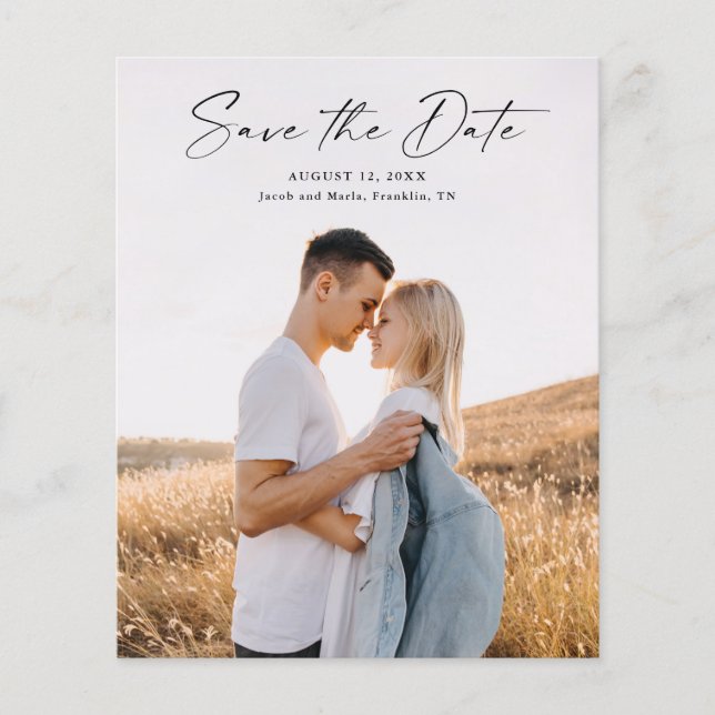 Budget Modern Script Photo Wedding Save The Date (Front)