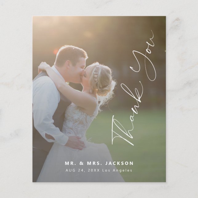 Budget modern script photo wedding thank you (Front)