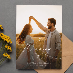 Budget Modern Script Sunset Photo Wedding Invites
