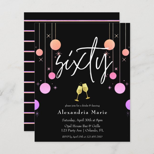 Budget Modern Sparkle 60th Birthday Invitation (Front/Back)