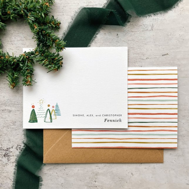 Budget Modern Watercolor Christmas Tree Holiday Card (Watercolor Christmas trees and striped backer personalized holiday note cards.)