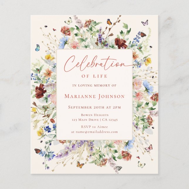 Budget Modern Wildflower Memorial Invitation (Front)