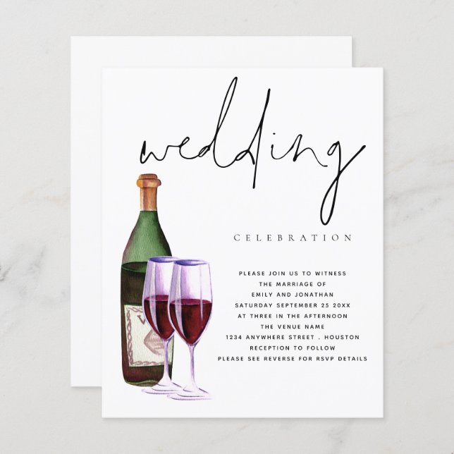Budget Modern Wine Bottle Glasses Wedding Invite (Front/Back)
