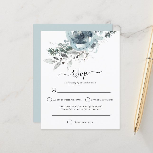 Budget Modern Winter Floral Christmas Wedding RSVP (Front/Back In Situ)
