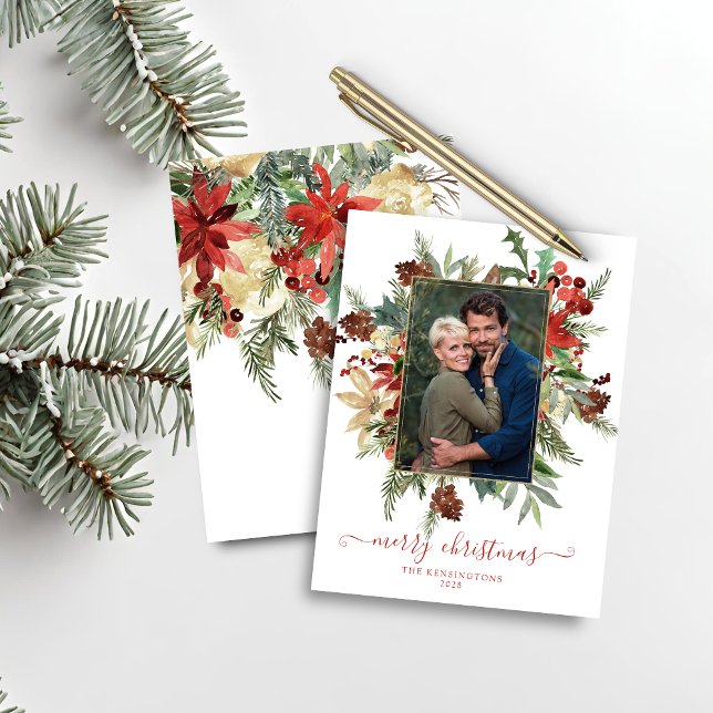 Budget Modern Winter Floral Gold Christmas Photo (Budget Modern Winter Floral Gold Christmas Photo Holiday Card)