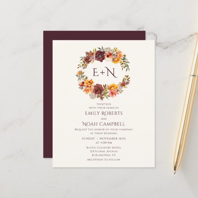 Budget Monogram Autumn Rustic Plum Floral Wedding (Front/Back In Situ)