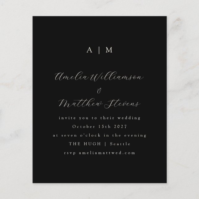 Budget Monogram Black Minimalist Wedding Invite (Front)