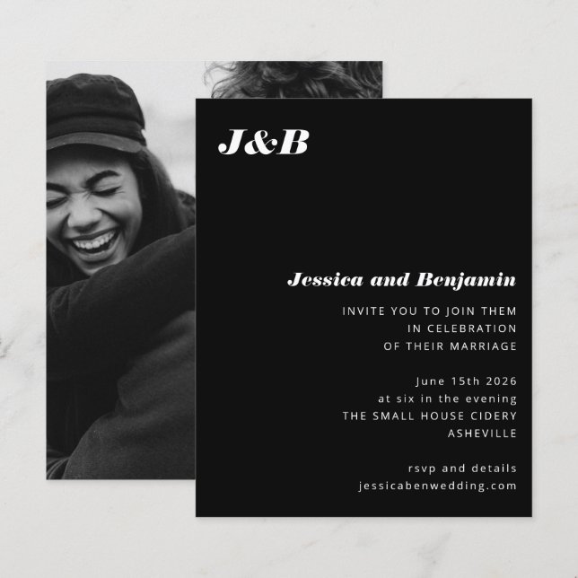 Budget Monogram Black Photo Wedding Invitation (Front/Back)