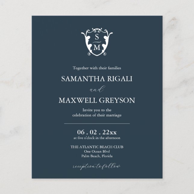 Budget Monogram Blue Wedding Invitation Flyer (Front)