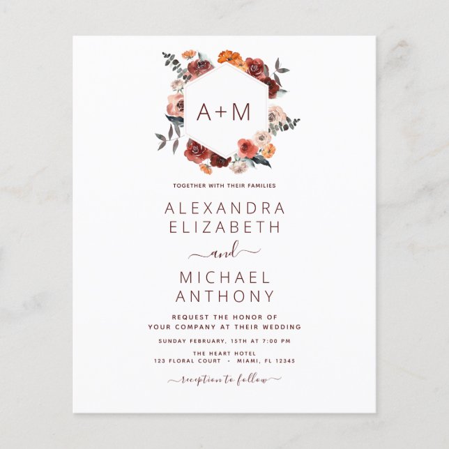 Budget Monogram Burgundy Floral Greenery Wedding Flyer (Front)