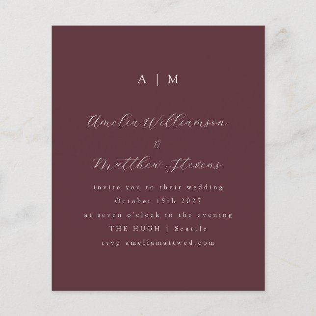 Budget Monogram Burgundy Minimal Wedding Invite (Front)