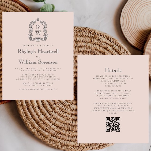 Budget Monogram Crest Blush QR Code Wedding Invite (Creator Uploaded)