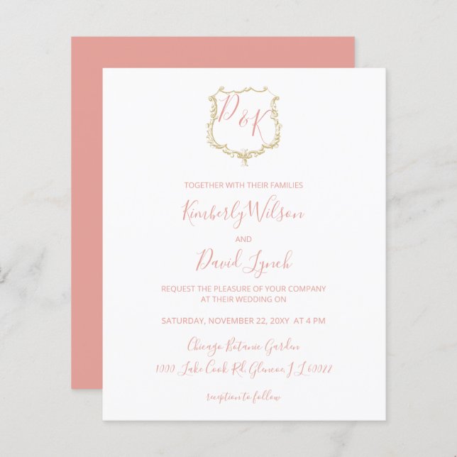 Budget Monogram Crest Blush Wedding Invitation (Front/Back)