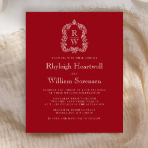 Budget Monogram Crest Cranberry Red Wedding Invite