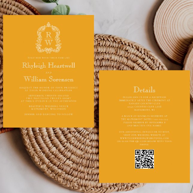 Budget Monogram Crest Marigold QR Code Wedding (Creator Uploaded)
