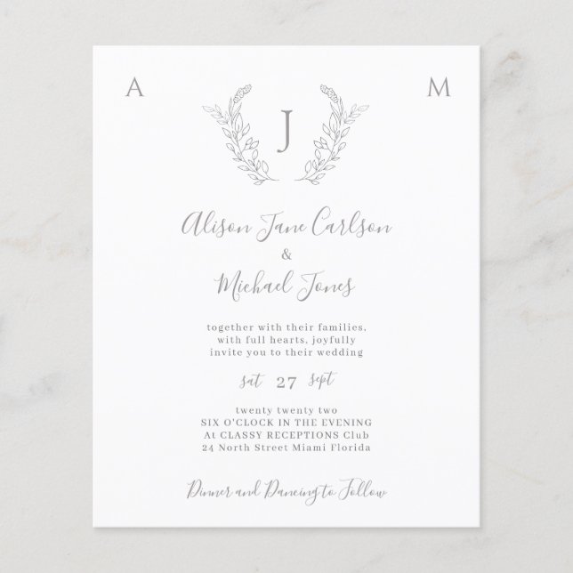 Budget monogram elegant leaves wedding invitation (Front)