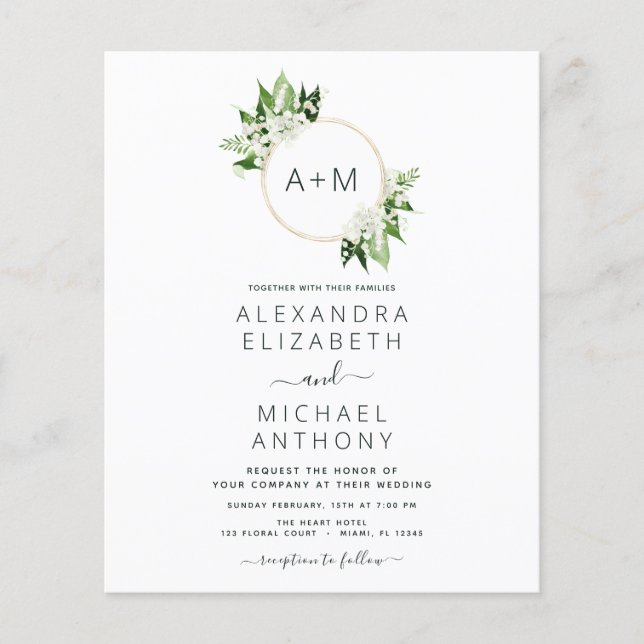 Budget Monogram Emerald Green Greenery Wedding Flyer (Front)