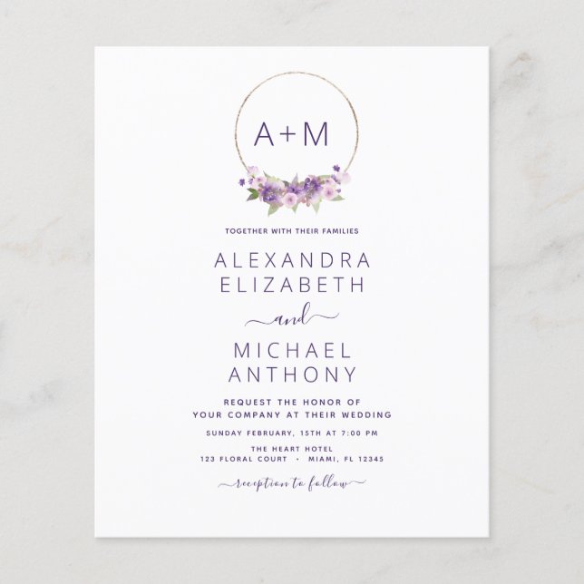 Budget Monogram Floral Dusty Purple Wedding Flyer (Front)