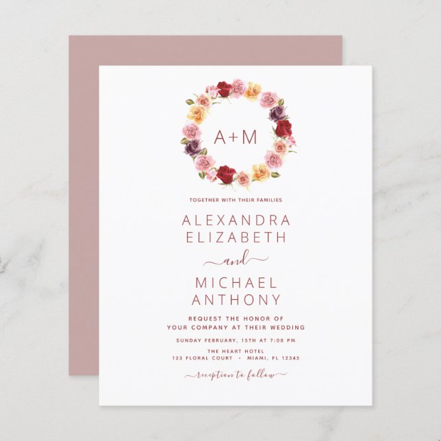 Budget Monogram Floral Dusty Rose Pink Wedding (Front/Back)