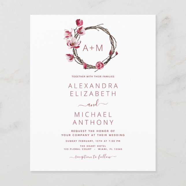 Budget Monogram Floral Dusty Rose Pink Wedding Flyer (Front)