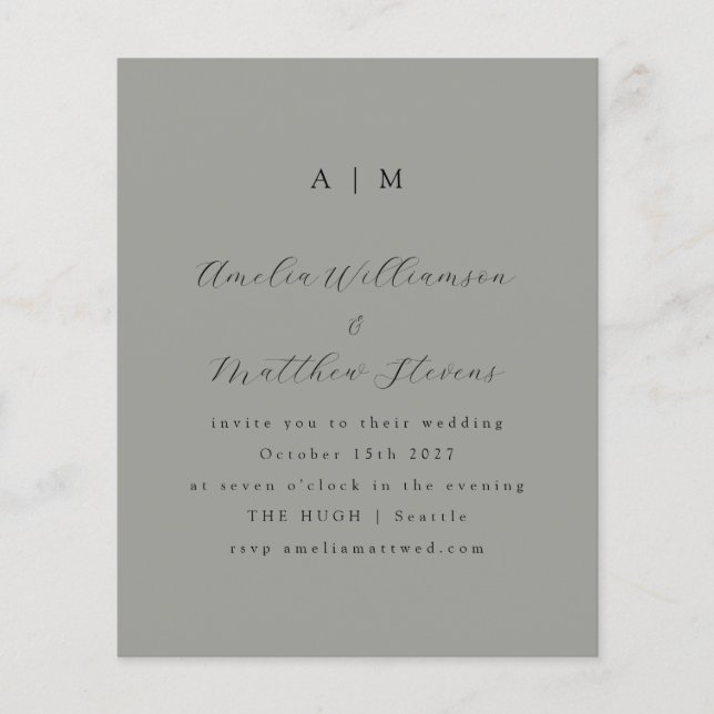 Budget Monogram Grey Minimal Wedding Invitation (Front)