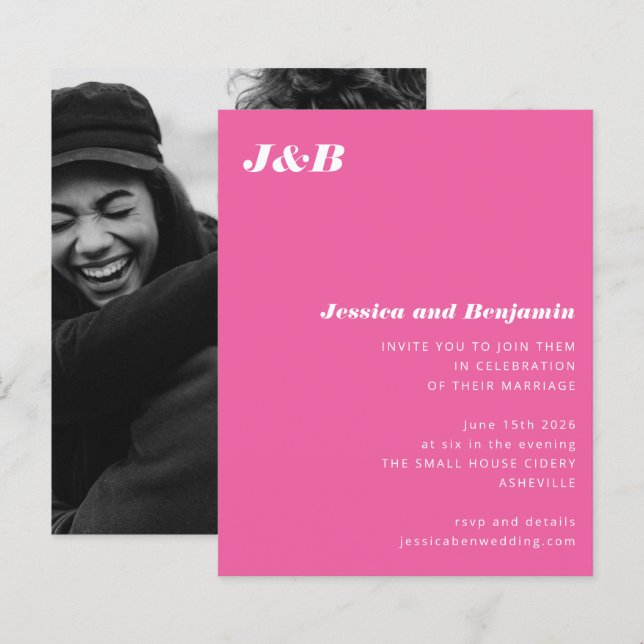 Budget Monogram Hot Pink Photo Wedding Invitation (Front/Back)