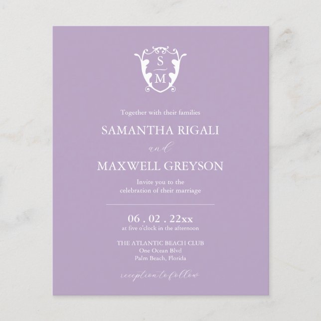 Budget Monogram Lilac Wedding Invitation Flyer (Front)