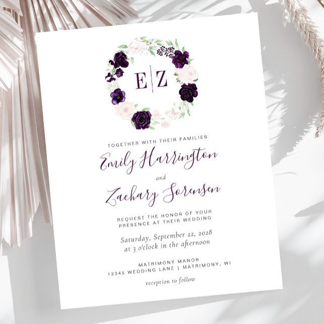 Budget Monogram Purple Blush Floral Wedding Invite (Creator Uploaded)