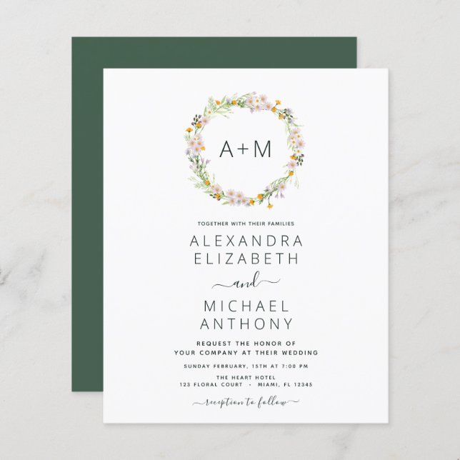 Budget Monogram Wildflowers Emerald Green Wedding (Front/Back)