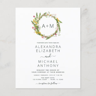 Budget Monogram Wildflowers Emerald Green Wedding Flyer