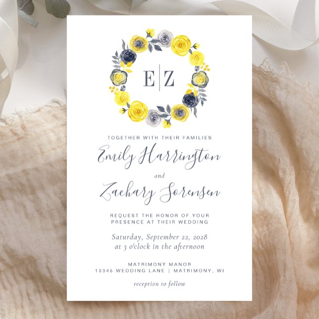Budget Monogram Yellow Grey Floral Wedding Invite (Creator Uploaded)