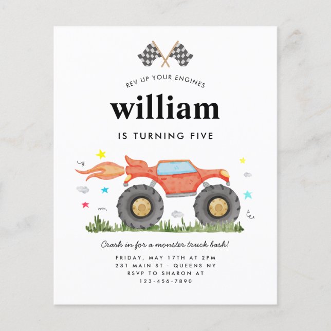 Budget Monster Truck Bash Race Flags Kids Birthday (Front)