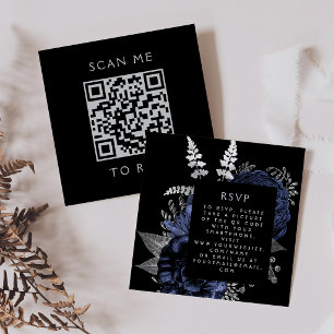 Budget Moody Floral Navy Blue Silver QR Code RSVP Enclosure Card