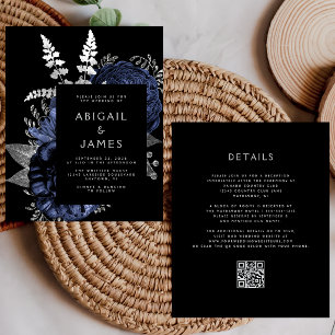 Budget Moody Floral Navy Silver QR Code Wedding