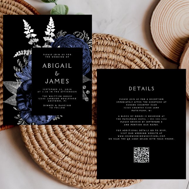 Budget Moody Floral Navy Silver QR Code Wedding (Creator Uploaded)