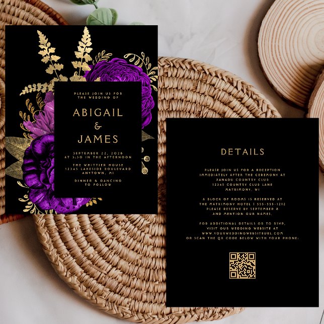 Budget Moody Floral Purple Gold QR Code Wedding (Creator Uploaded)