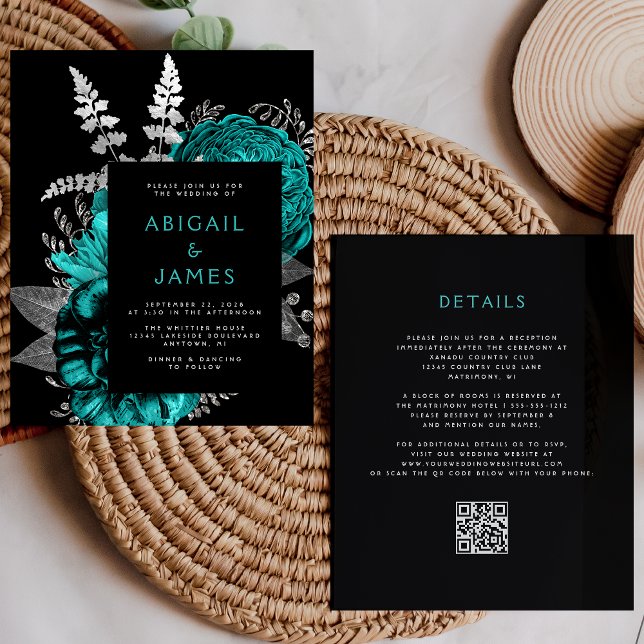 Budget Moody Floral Teal Silver QR Code Wedding (Creator Uploaded)