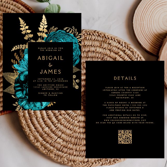 Budget Moody Floral Turquoise Gold QR Code Wedding (Creator Uploaded)