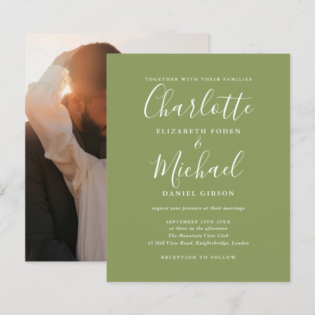 Budget Moss Green Photo Wedding Invitation (Front/Back)