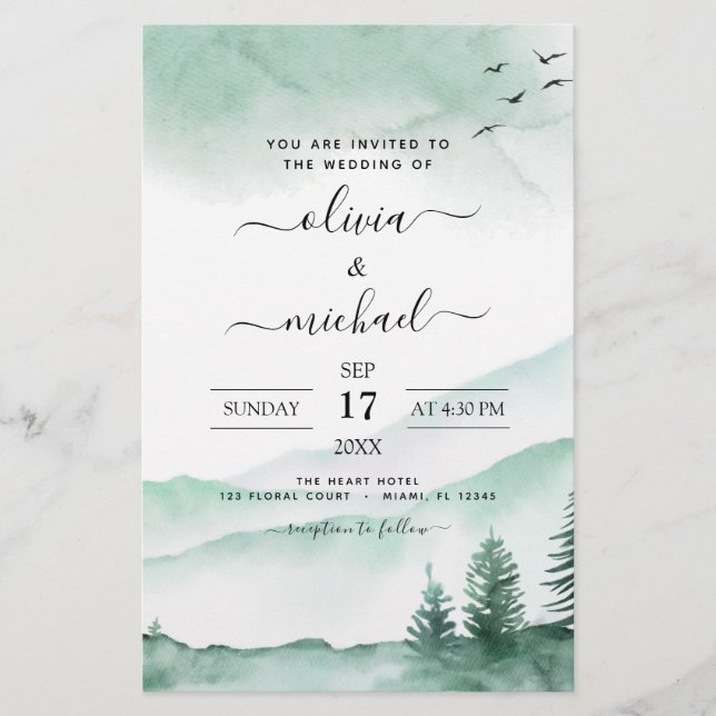 Budget Mountain Rustic Watercolor Greenery Wedding (Front)