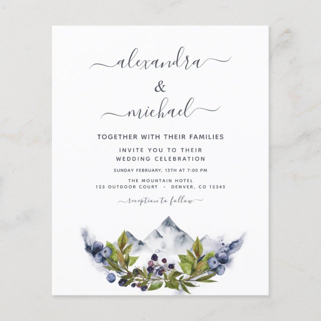 Budget Mountain Rustic Watercolor Greenery Wedding Flyer (Front)