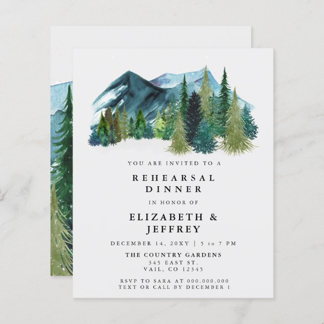 Budget Mountains Pine Rehearsal Dinner Invitation (Front/Back)