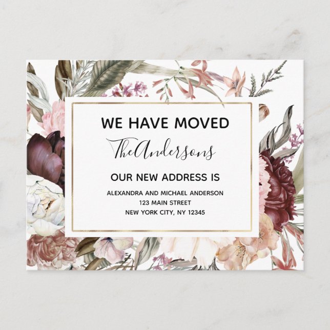 Budget Moving Announcement Boho Mauve Floral Postcard (Front)