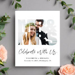 Budget Mr Mrs Wedding Photo Reception Invitation<br><div class="desc">Chic budget-friendly elopement or smaller wedding announcement and post-wedding reception invitation. The front features your photograph in a cut out "Mr & Mrs" frame, "Celebrate With Us" in an elegant script and your first names and wedding date and location in simple typography. On the reverse side, you can personalise your...</div>