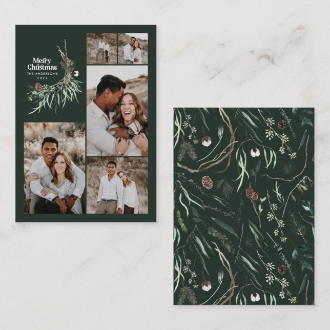 Budget multi photo botanical green rustic holiday enclosure card (Front/Back)