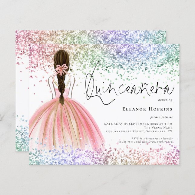 Budget Multicolor Glitter Gown Quinceanera Invite (Front/Back)